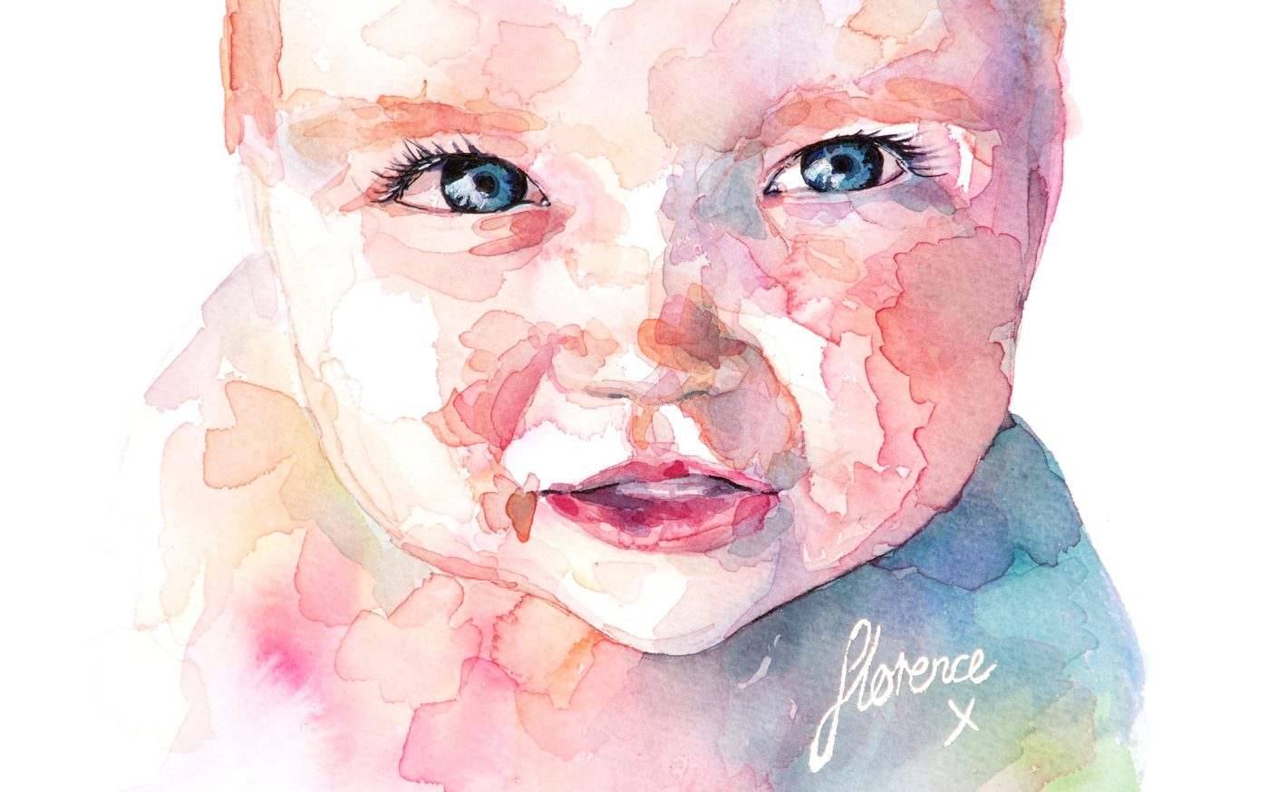 Watercolour baby portrait of Florence by Frankie O