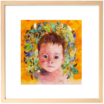 Framed Kiss the Baby watercolour portrait, 30 x 30cm