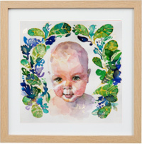 Framed Kiss the Baby watercolour portrait, 20 x 20cm