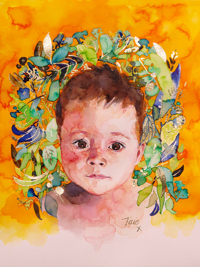 'Taio' watercolour baby portrait, 30 x 30cm