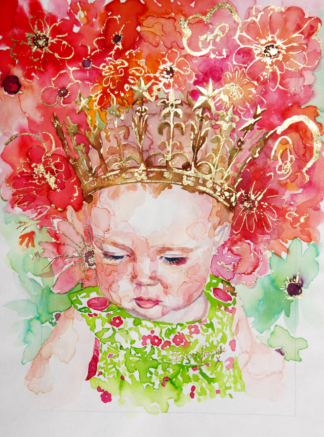 'Florence Frankie' watercolour baby portrait, A3