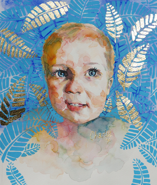 'Charlie' watercolour baby portrait, 30 x 30cm