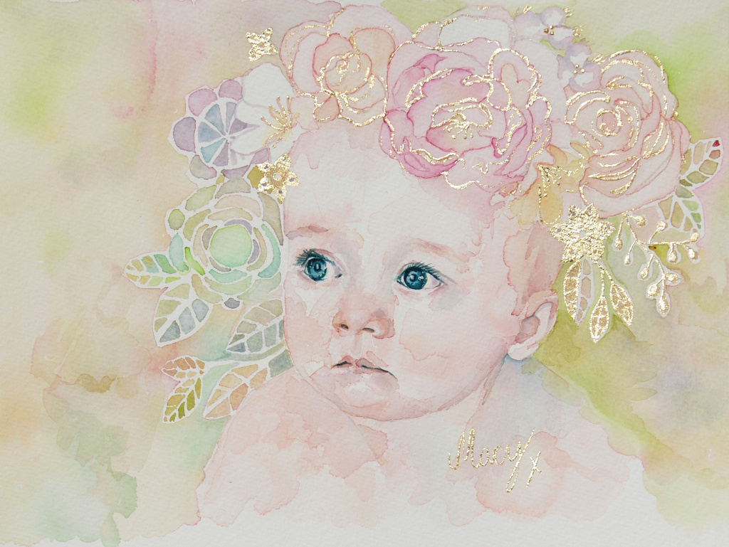 'Macy' watercolour baby portrait, A3