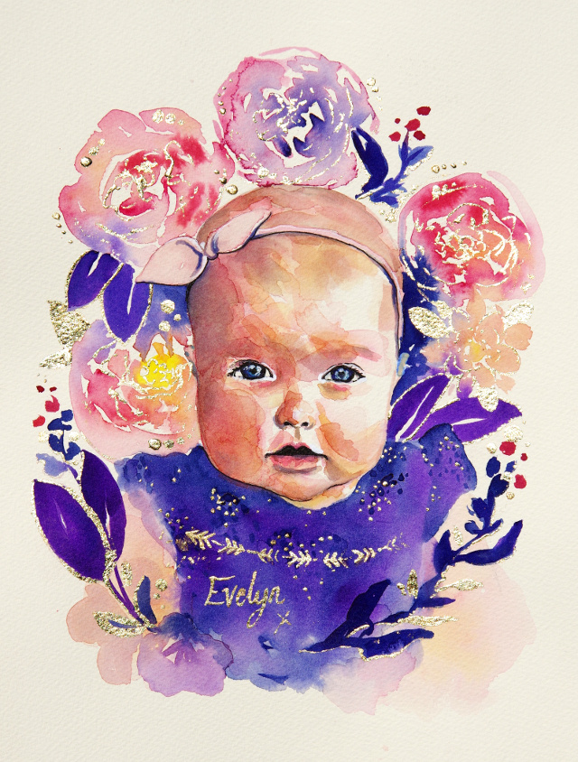 'Evelyn' watercolour baby portrait, A4