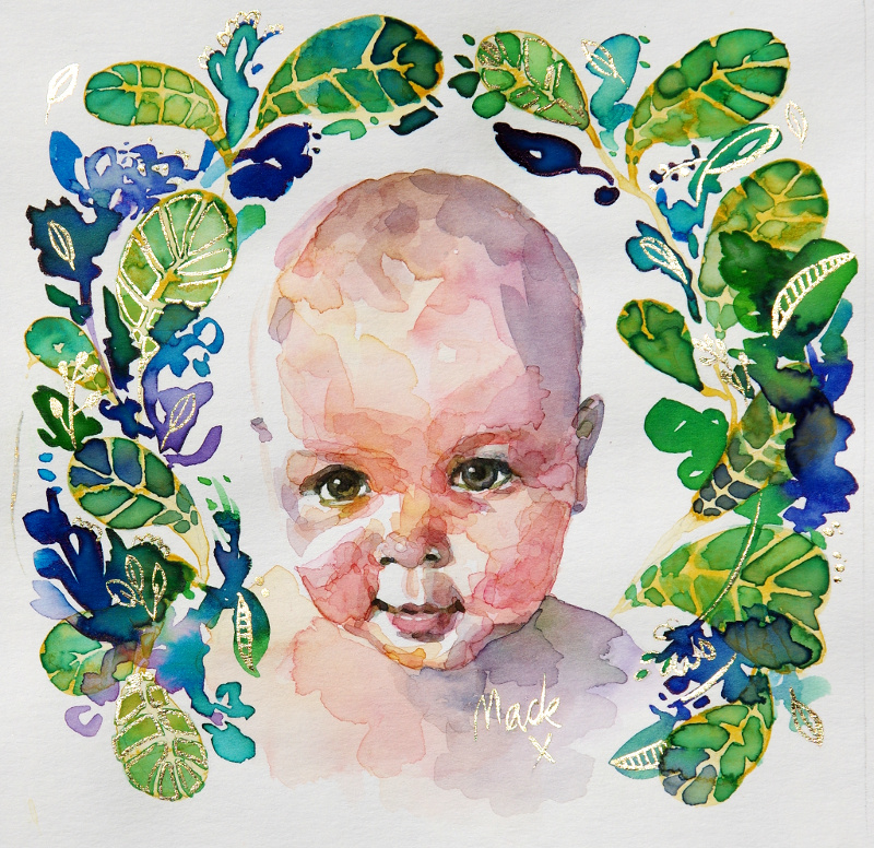 'Mack' watercolour baby portrait, 20 x 20cm