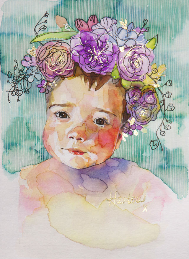 'Harlow' watercolour baby portrait, 20 x 20cm