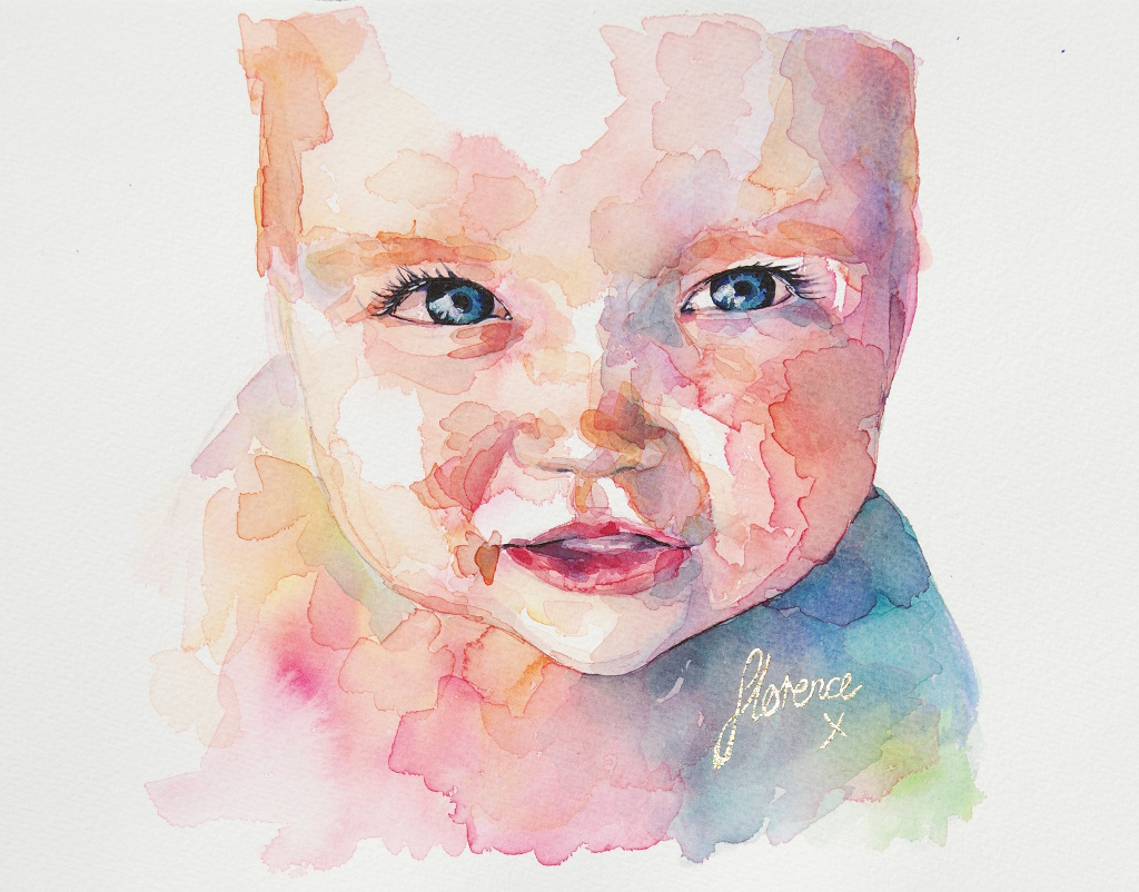 'Florence' watercolour baby portrait, A3