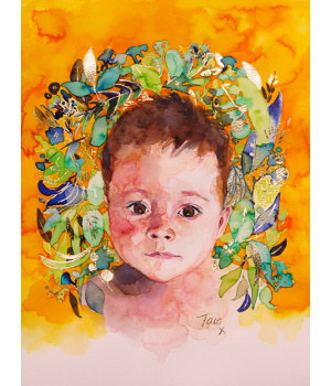 'Taio' watercolour baby portrait, 30 x 30cm