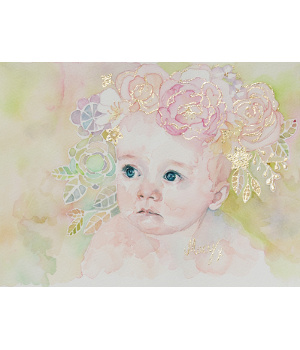 'Macy' watercolour baby portrait, A3