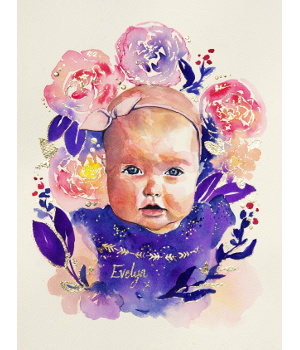 'Evelyn' watercolour baby portrait, A4