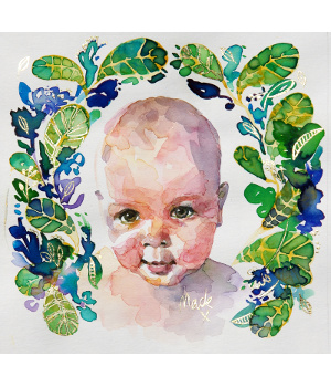 'Mack' watercolour baby portrait, 20 x 20cm