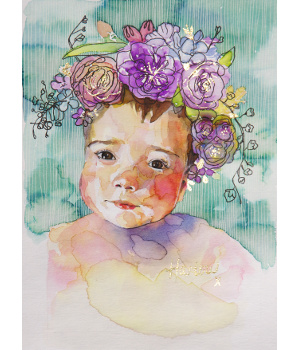 'Harlow' watercolour baby portrait, 20 x 20cm