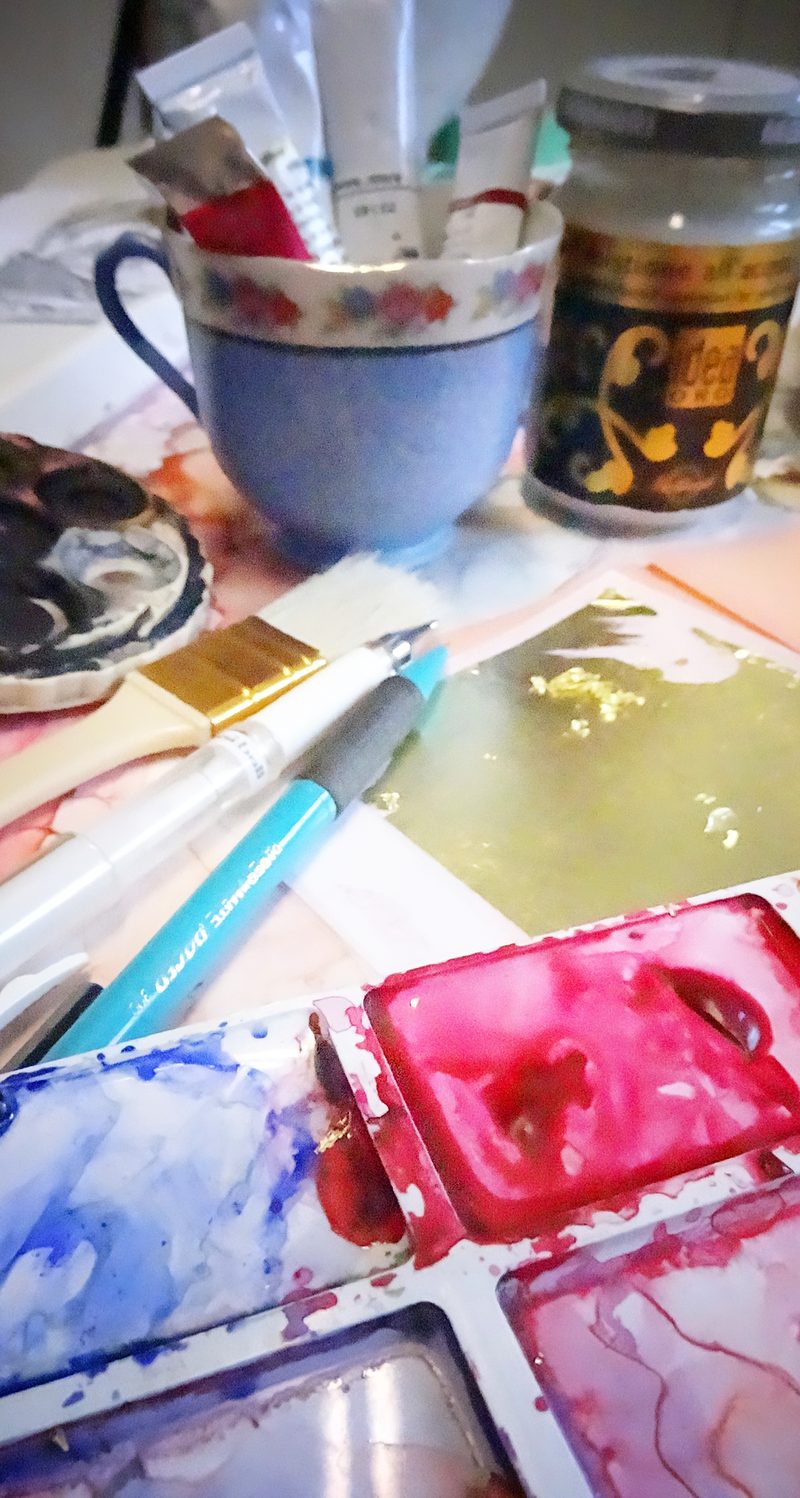 Watercolour paints and materials used for Kiss the Baby portraits